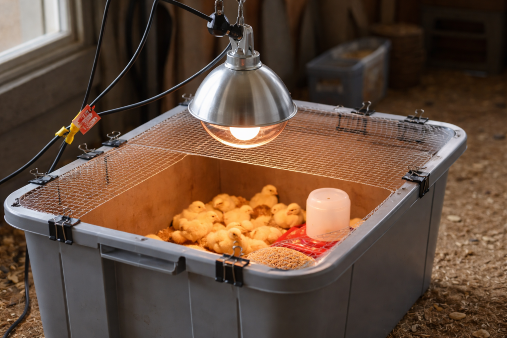 heat lamp safely installed over a chick brooder