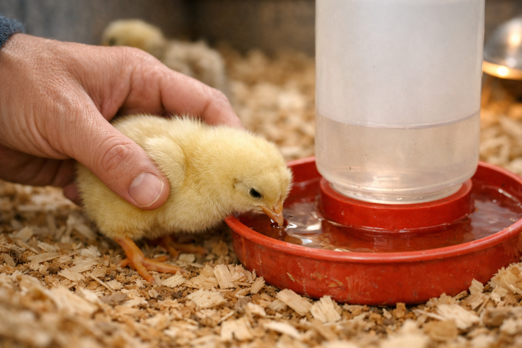 helping a baby chick find water after arrival