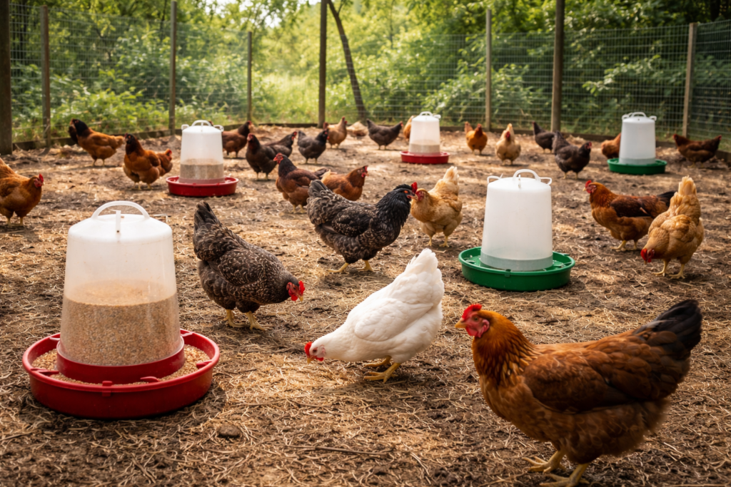 multiple feeding stations to reduce competition in chickens