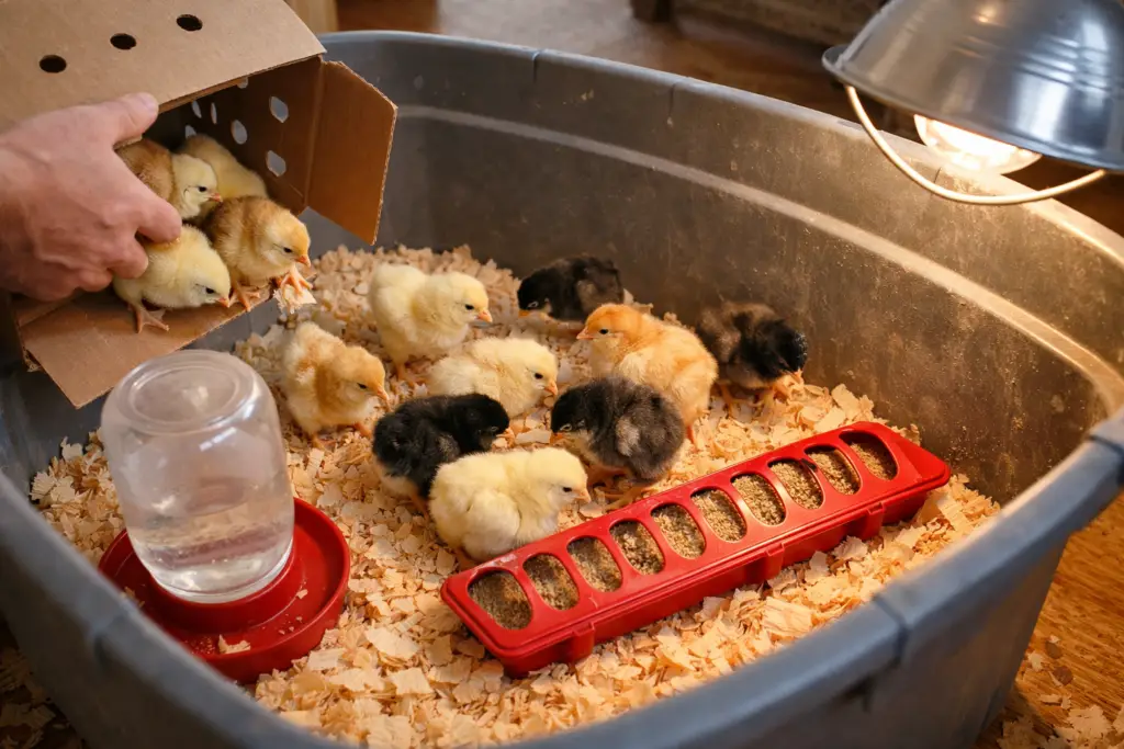 baby chicks being placed into a warm brooder at home