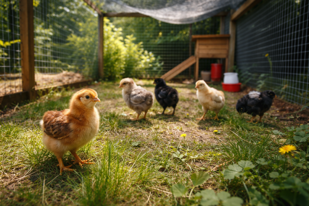 young chicks exploring a secure outdoor run in spring