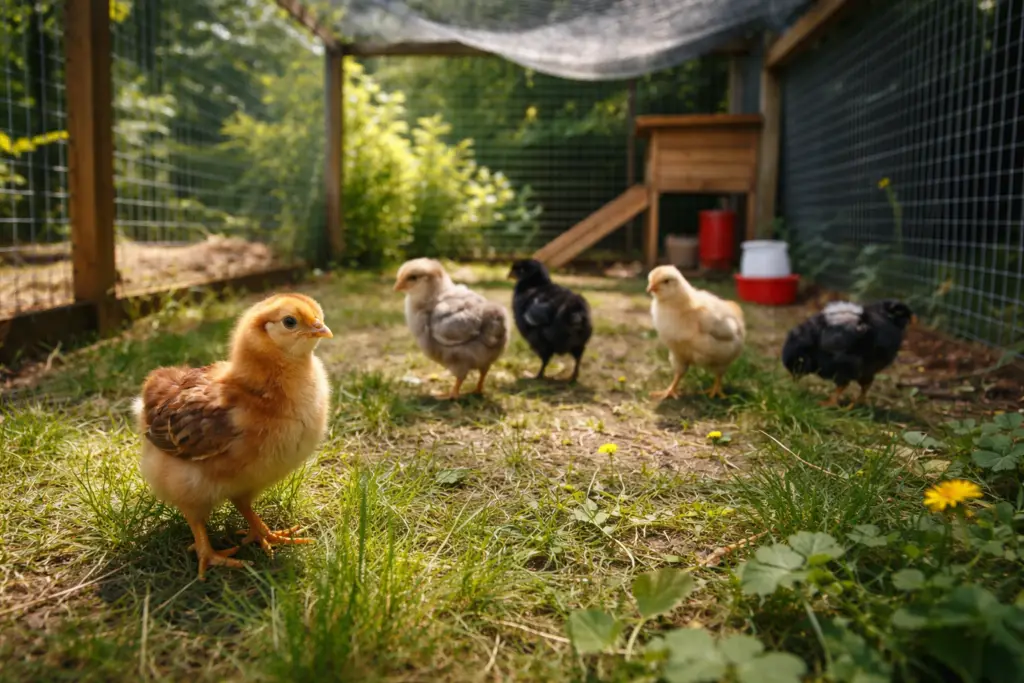 young chicks exploring a secure outdoor run in spring